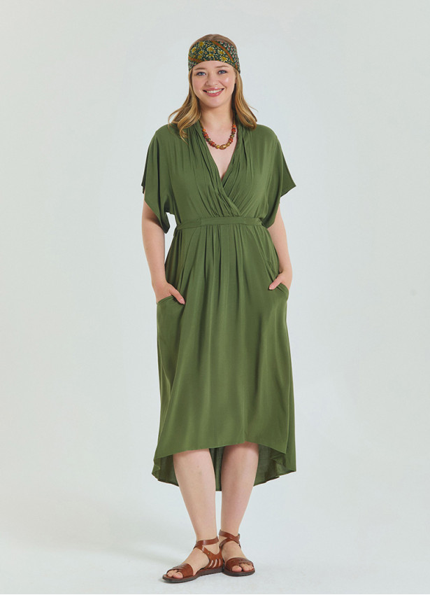 V Neck Pleated Detail Khaki Casual Plus Size Dress 4607